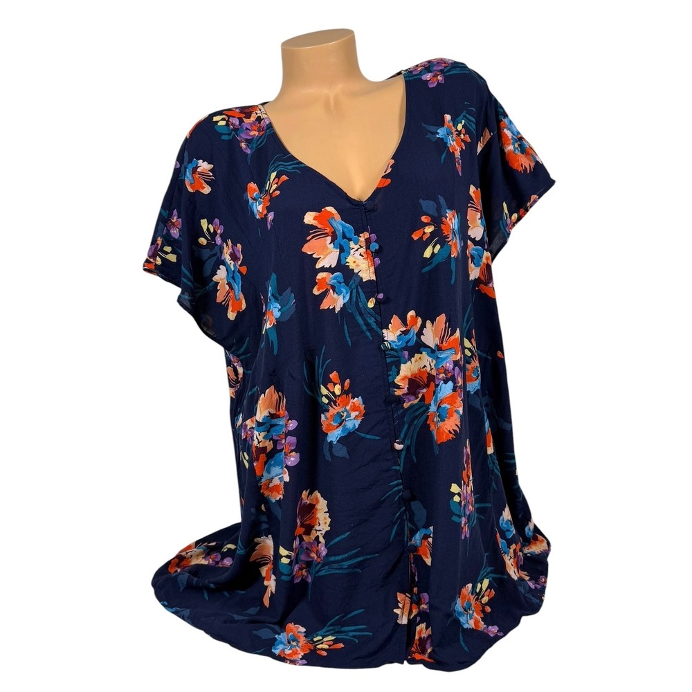 Torrid‎ Womens Size 4 4X Navy Floral Button Front V-Neck Elastic Back Waist Top